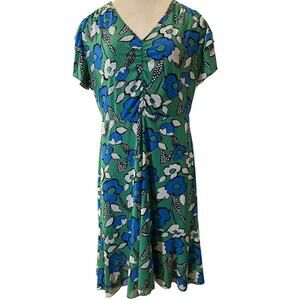 Cabi CELEBRATE Reversible Floral Polka Dot Dress L Green Blue Black Travel Work